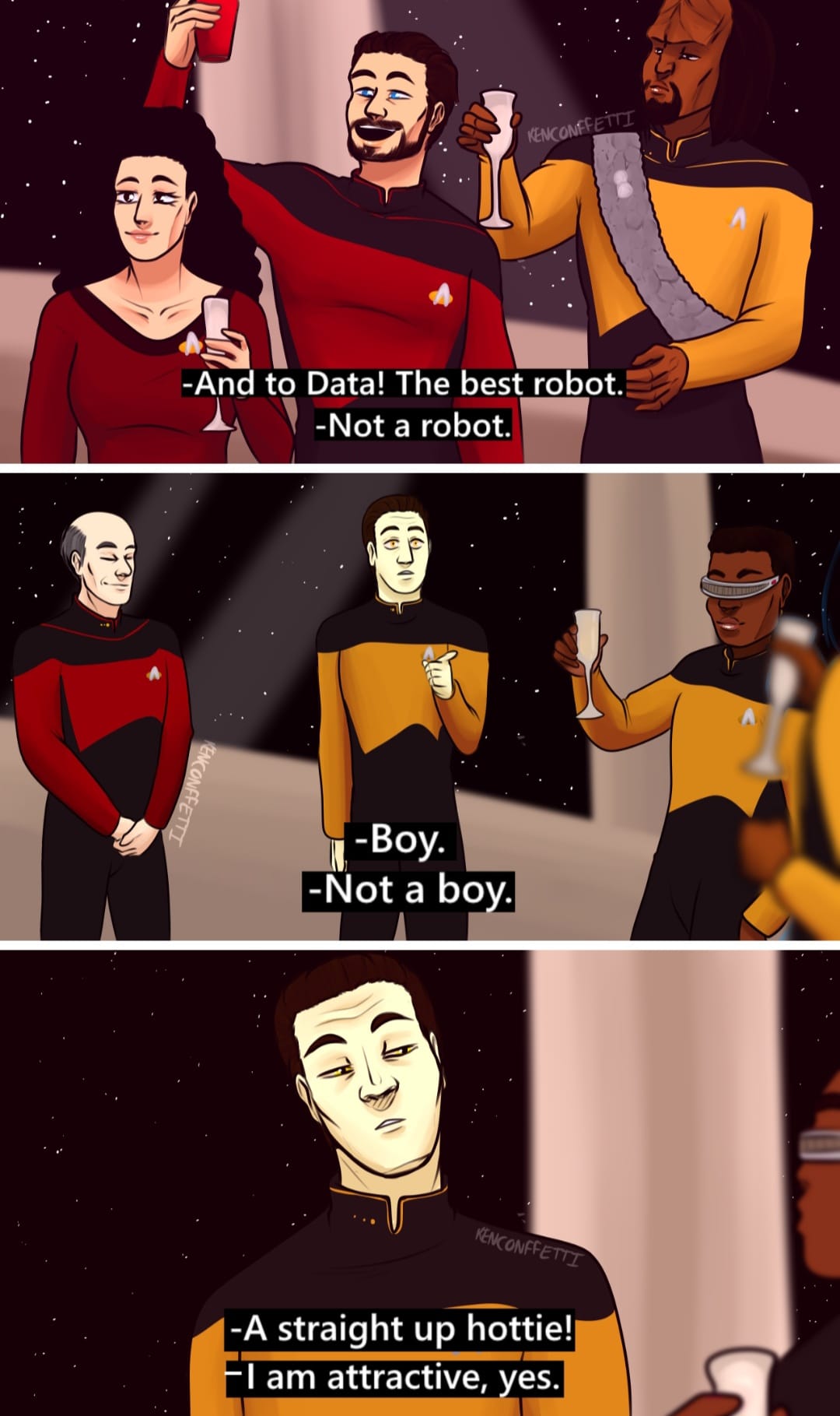 This meme is a screenshot from the TV show Star Trek: The Next Generation, specifically from the episode "The Outcast". The scene shows a character, Lieutenant Worf, who is being asked to identify himself as either male or female. Worf responds with a humorous and sarcastic answer, "In 2.5 centuries, I will look like a woman. I will have made 2.5 centuries of progress, and I will look like a woman. Therefore, I will be called a woman. Therefore, I will be called a woman. Therefore, I will be called a woman."